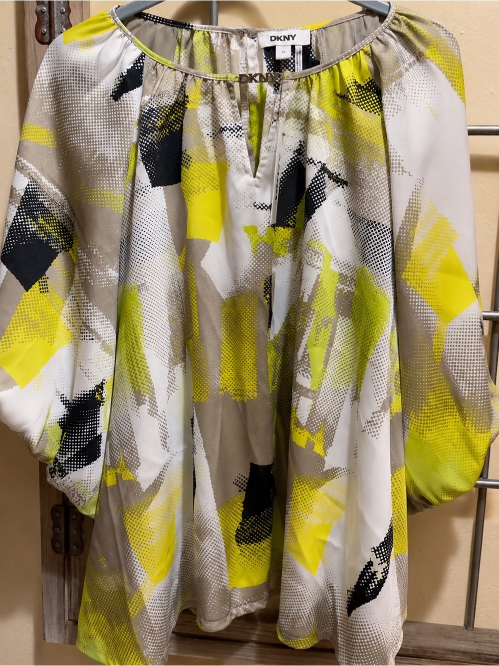 DKNY Yellow, Gray & Black Abstract Print Peasant Blouse